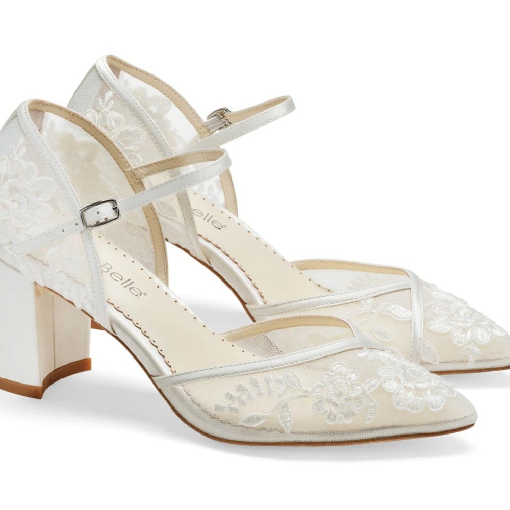 Bella Belle- CHELSEA IVORY Lace Ivory Block Heel Wedding Shoes, Size 8